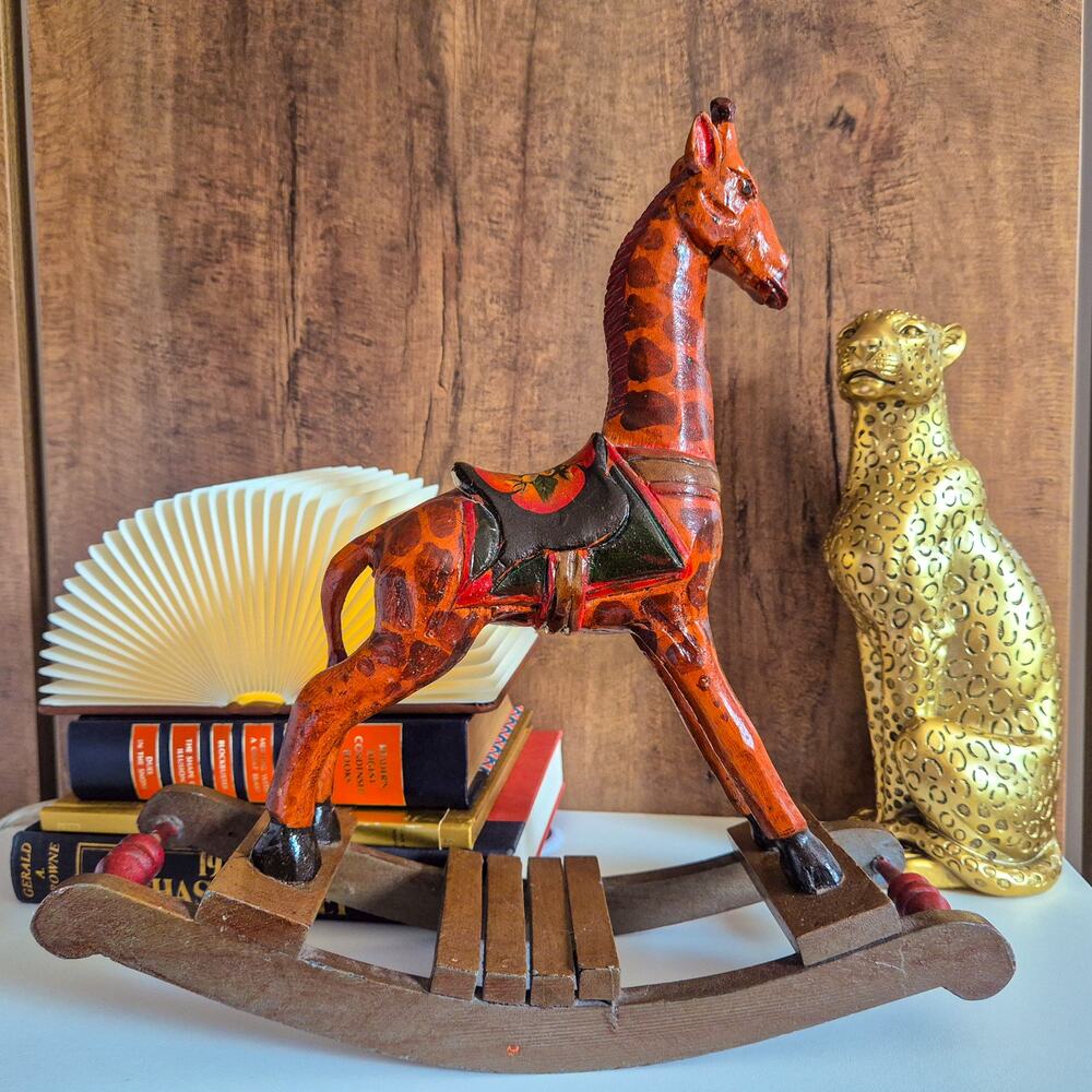Antique Hand Carved Wooden Rocking Giraffe Folk Art Nursery Safari Decor